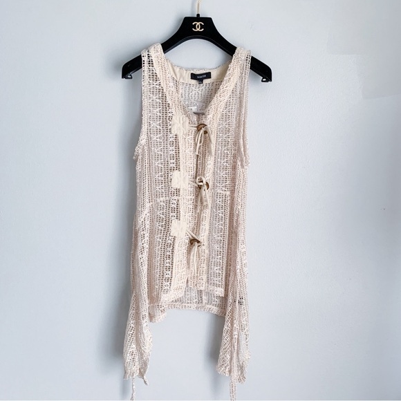 NWT Kaktus mesh crochet button up sleeveless top boho Lagen look beige large - Picture 1 of 7